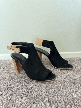 Elie Tahari Black Suede Open-Toe Block Heel Sandals